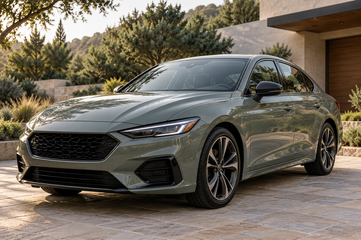 Illustrative sage-gray sedan in soft morning light on a residential driveway